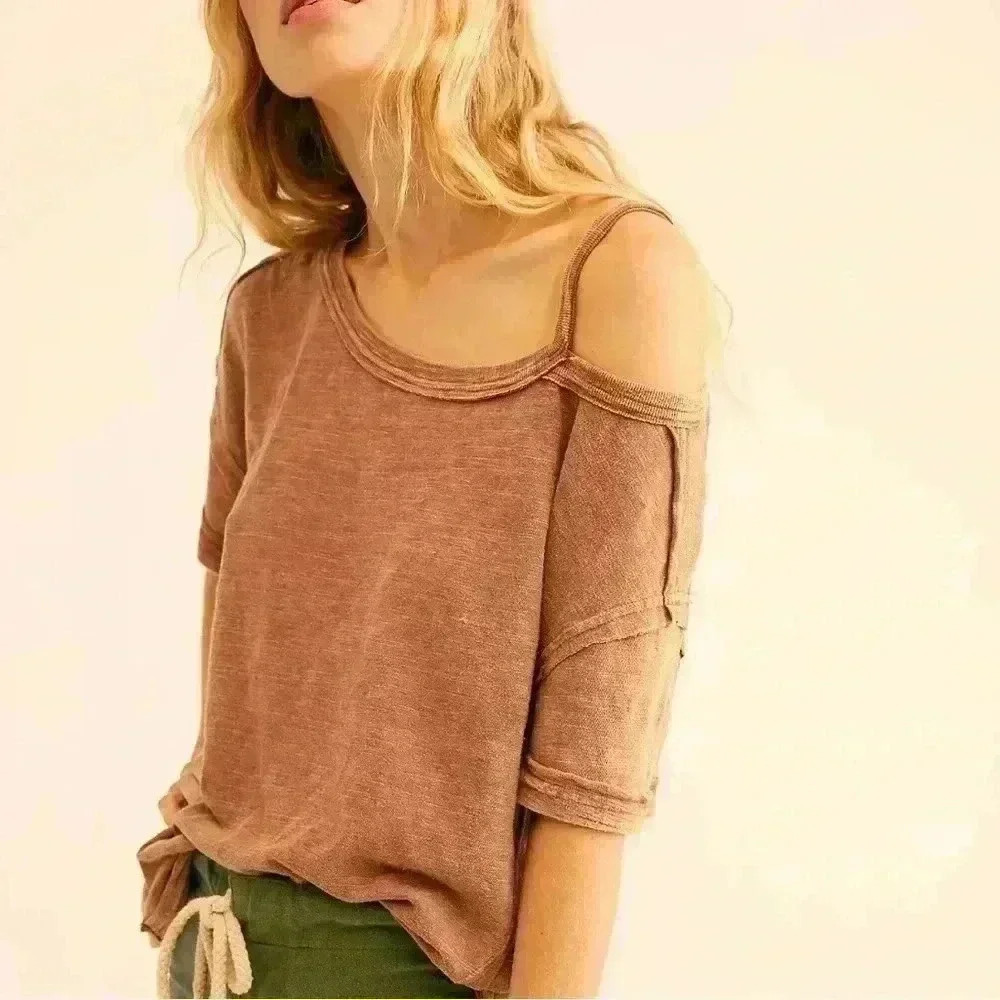 FREE PEOPLE We The Free Alex Tee, Cutouts, Rust Burgundy, Womens Size Small